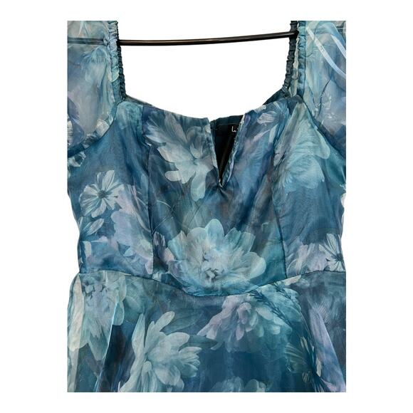 Lulu's Lulus Darling Vision Teal Floral Organza Puff Sleeve Tiered Midi Dress M - Picture 5 of 16
